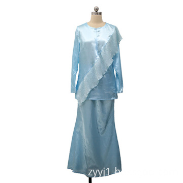 Blue Round Neck Muslim Suit Dress Lace Lady